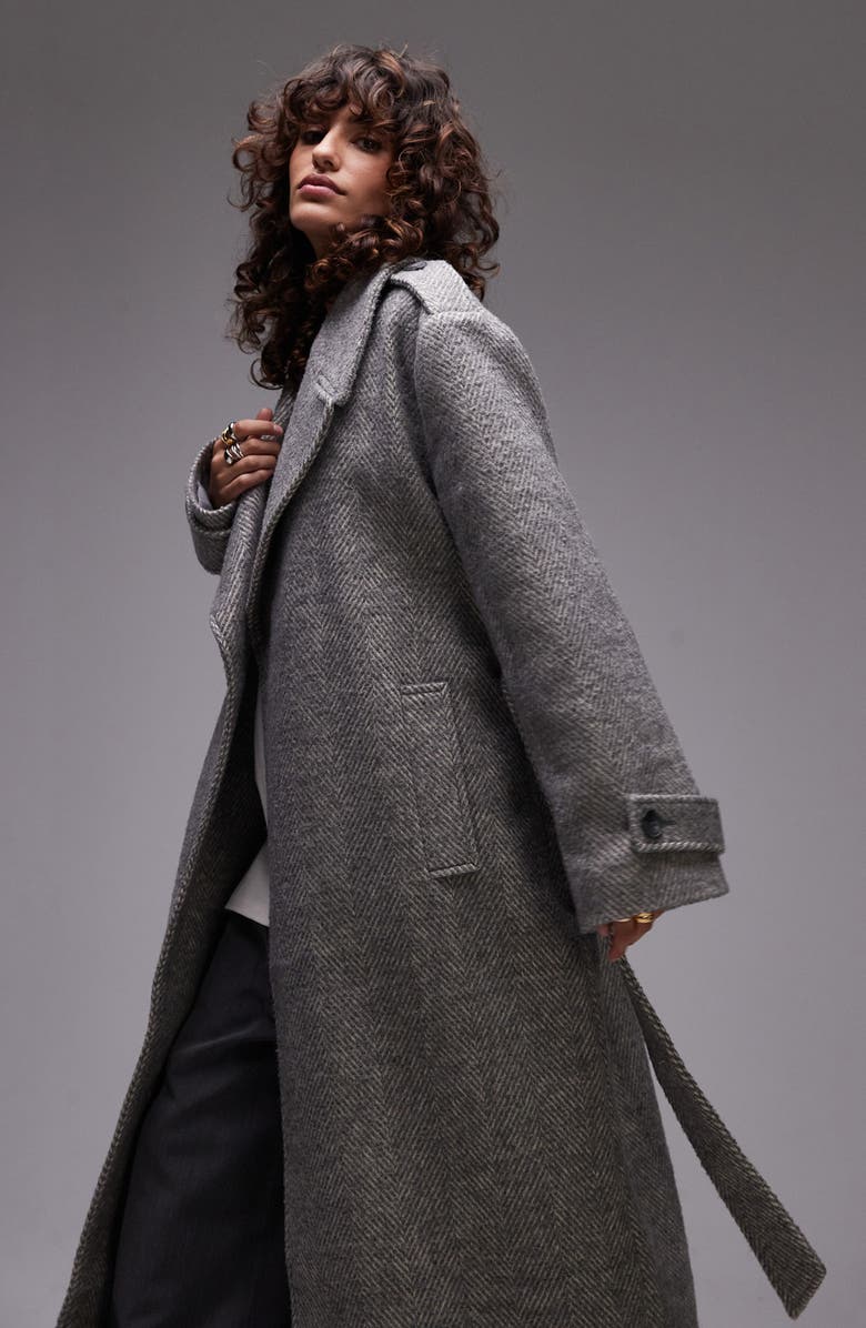 Topshop Longline Belted Herringbone Coat, Alternate, color,