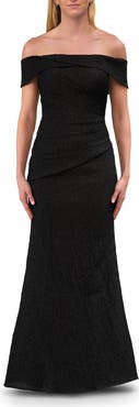 La Femme Off-the-Shoulder Textured Evening Gown