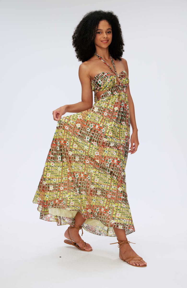 DVF Ainslina Floral Check Cotton & Silk Maxi Dress, Alternate, color, 