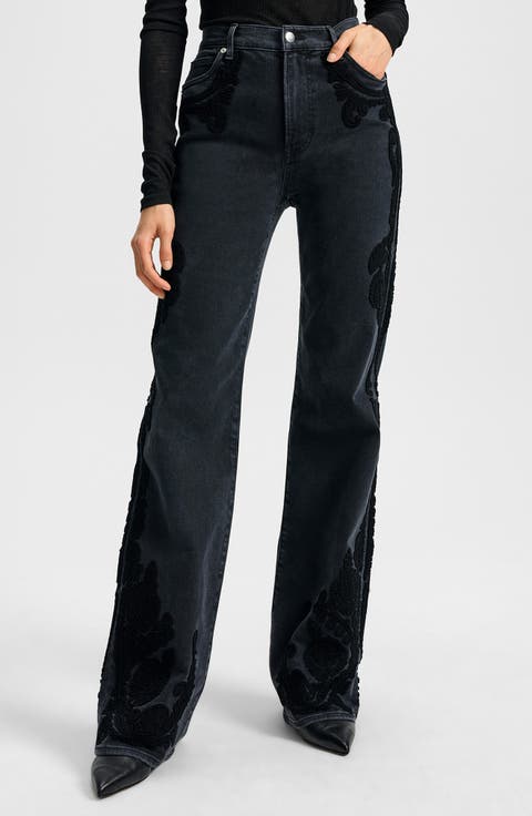 Crosbie Paisley Embroidered High Waist Wide Leg Jeans (Washed Onyx)