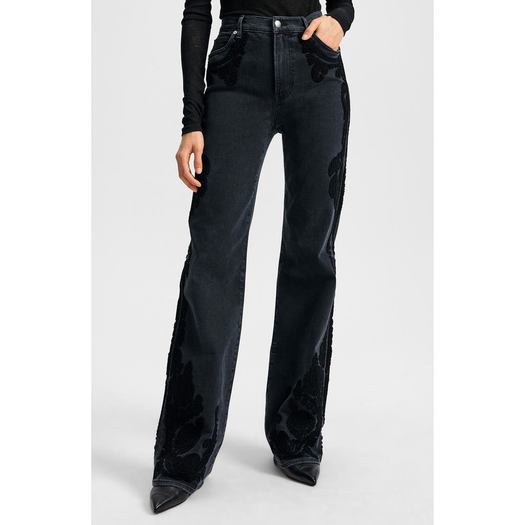 Veronica Beard Crosbie Paisley Embroidered High Waist Wide Leg Jeans In Black