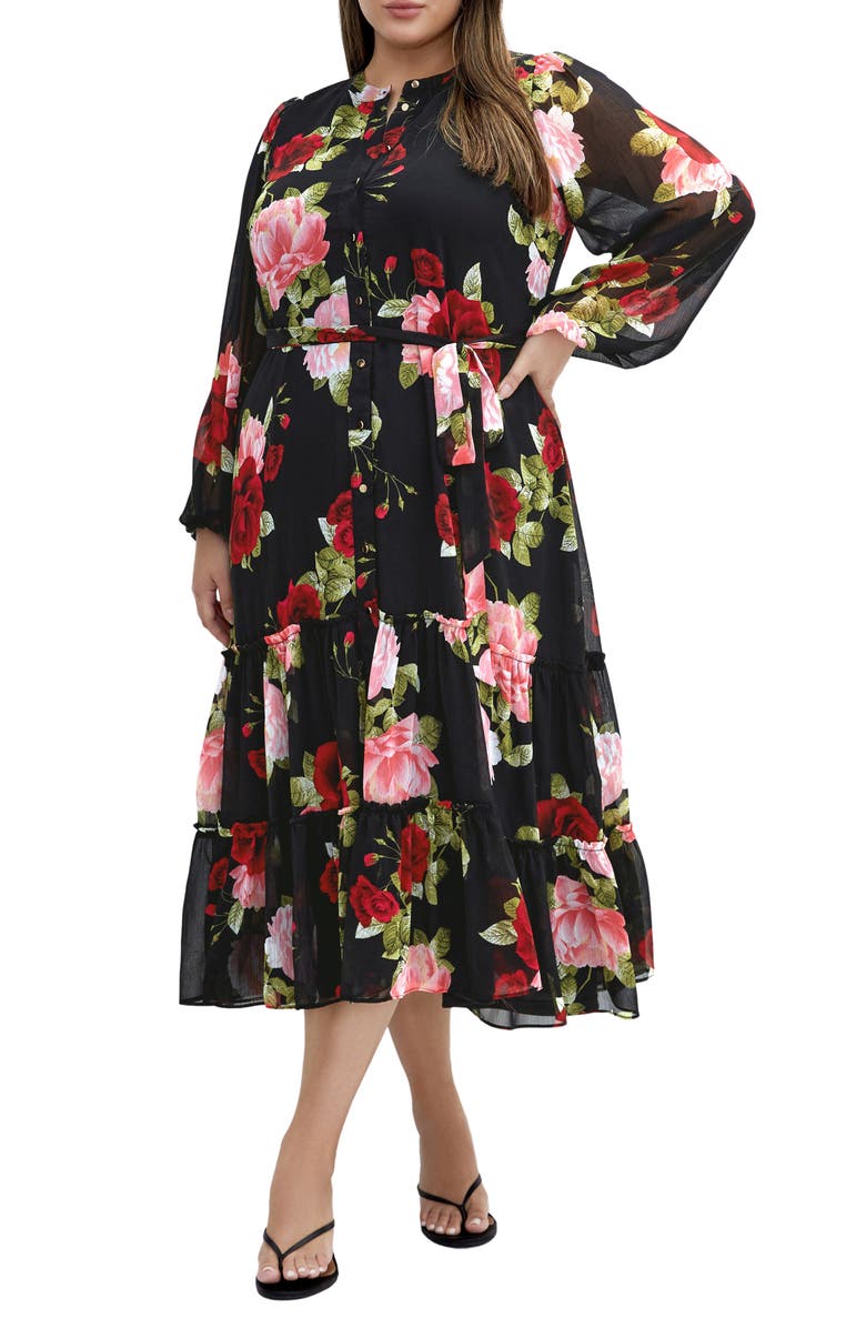 City Chic Roma Tie Waist Long Sleeve Maxi Dress, Main, color, 