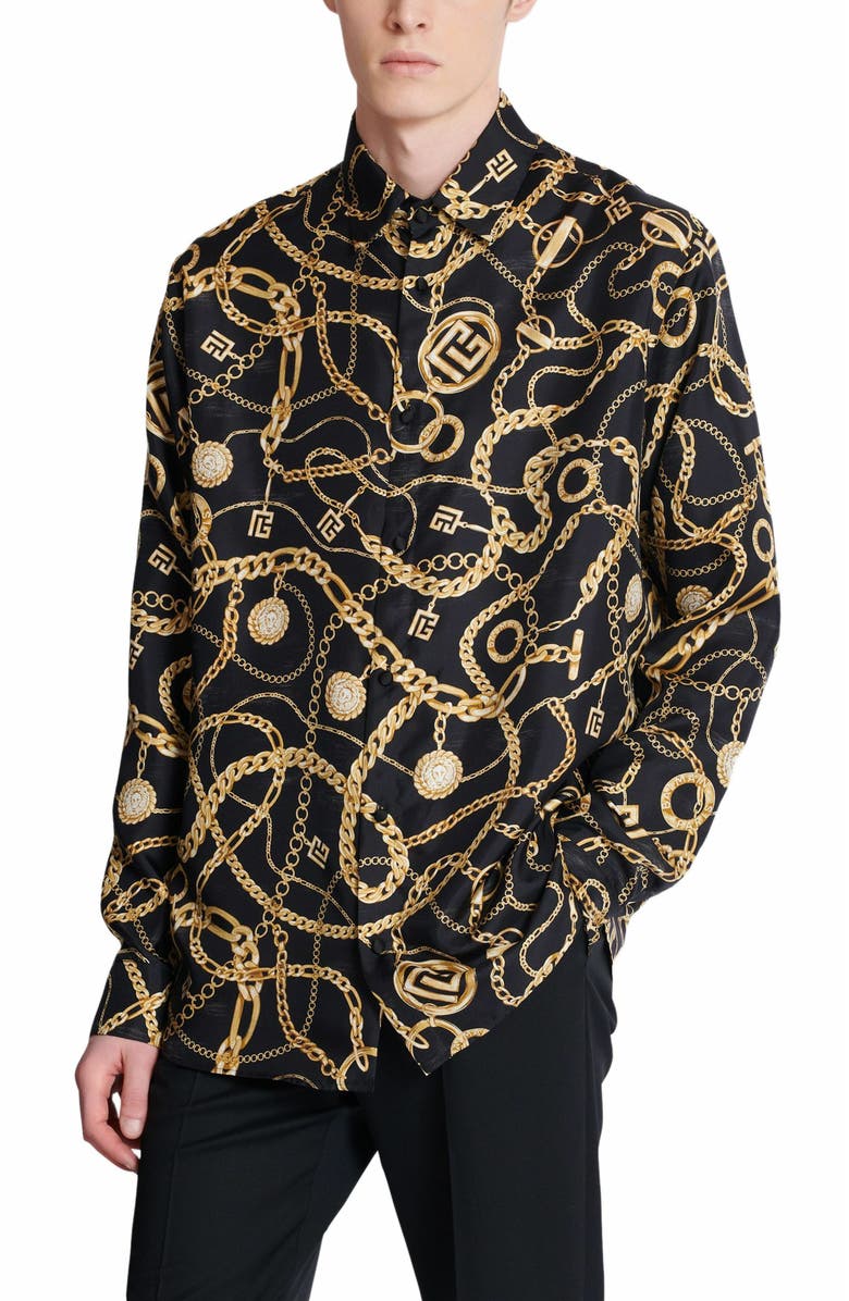 Balmain Printed Silk Shirt With Chaînes Pattern, Alternate, color, Multicolor