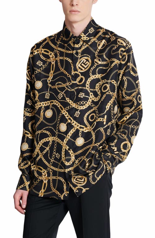 Balmain Black Shirt With Pointed Collar And Chain Print With Logo In Silk Man In Black