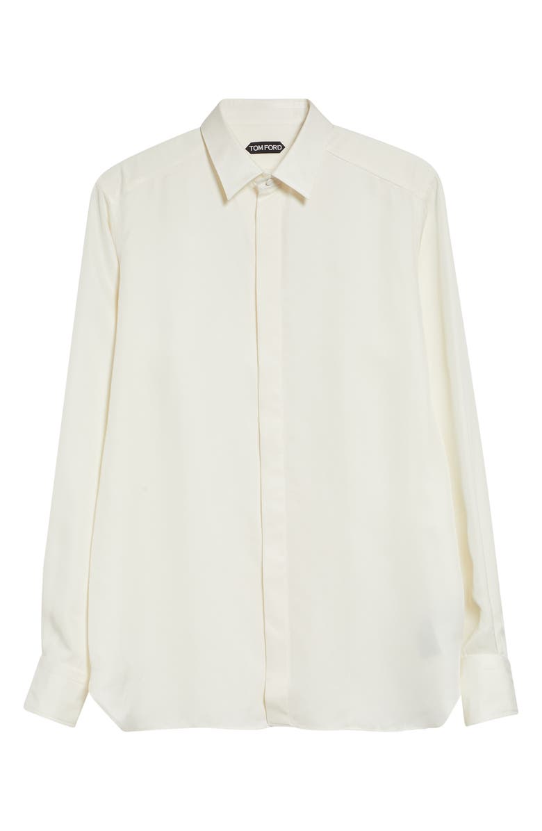 TOM FORD Classic Fit Enzymed Fluid Silk Twill Button-Up Shirt, Main, color, Chalk