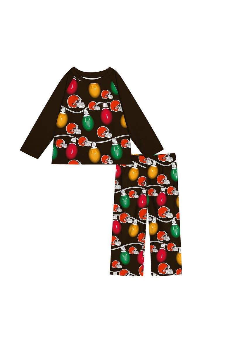 Youth Cleveland Browns Two-Piece Garland Holiday Long Sleeve Pajama Set, Main, color, Brown