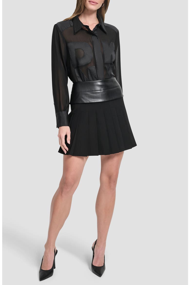 Pleated Mixed Media Miniskirt, Alternate, color, BLACK