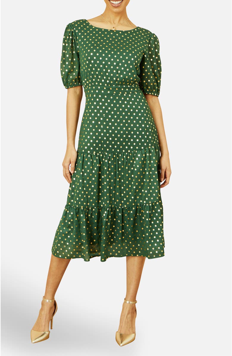 Yumi Foil Spot Midi Dress With Scoop Back, Alternate, color, Green