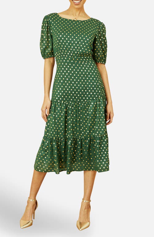 Yumi Foil Spot Midi Dress With Scoop Back In Green