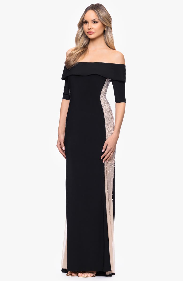 Xscape Evenings Beaded Mesh Inset Mermaid Gown, Alternate, color, Black/ Beige/ Silver