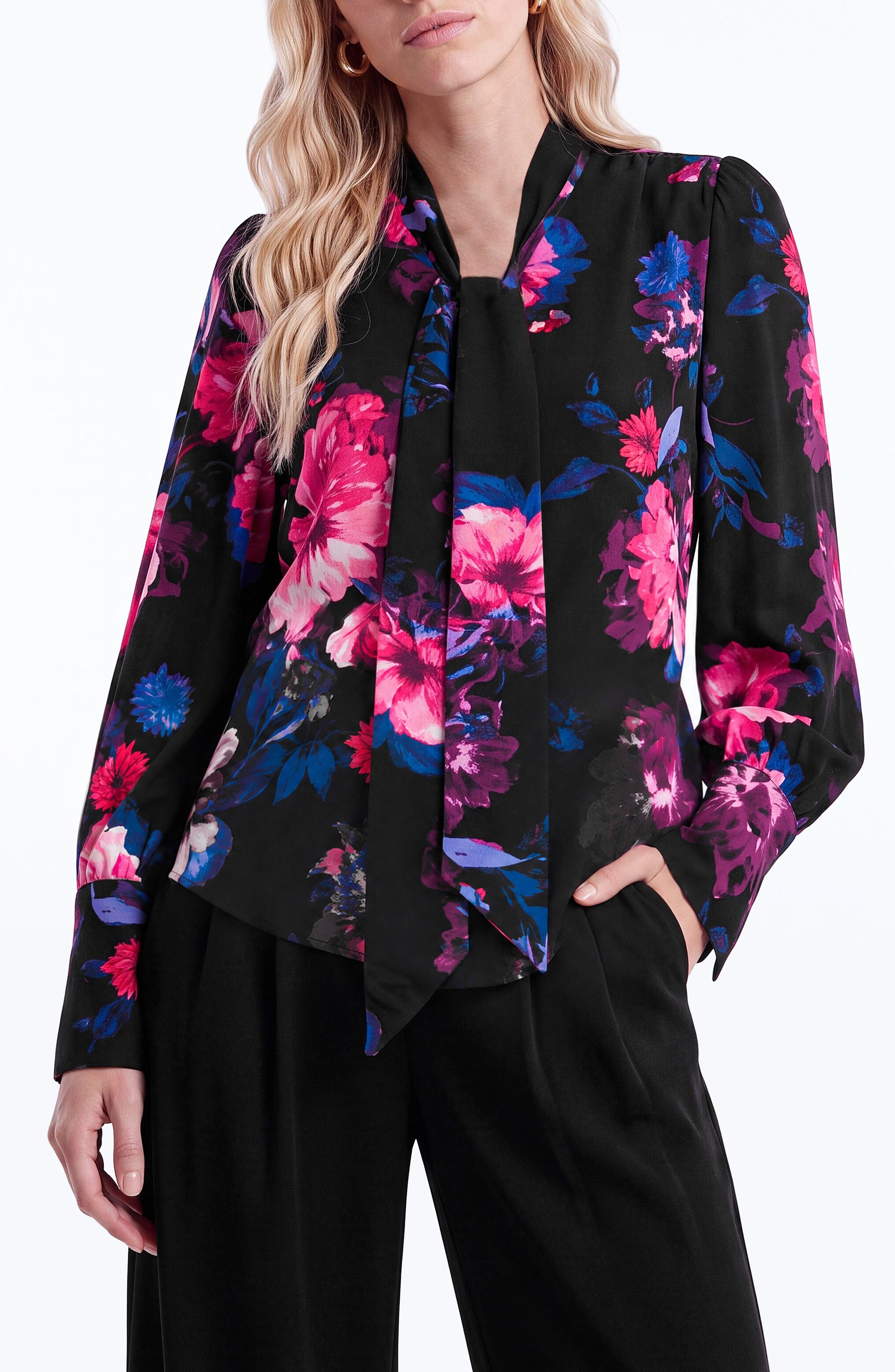 Glowing Floral Tie Neck Top