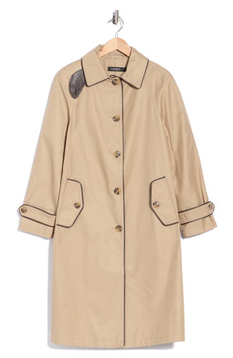 Faux Leather Trim Balmacaan Rain Coat