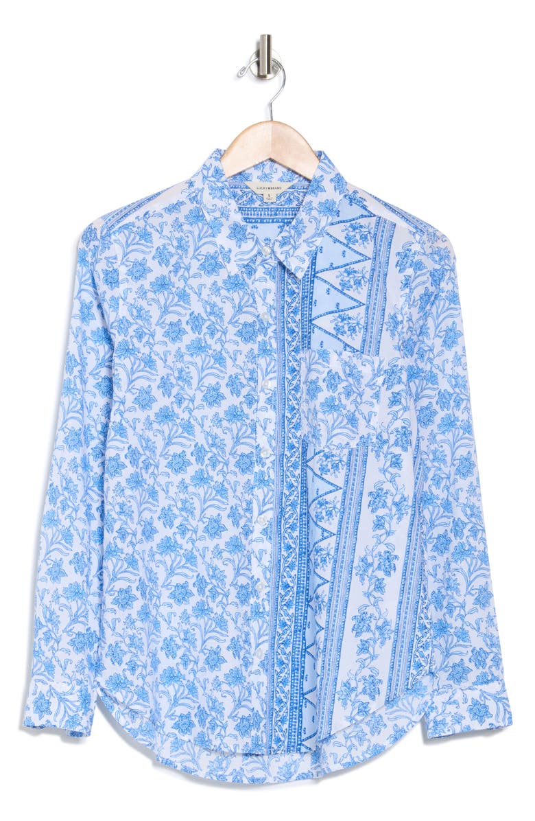Lucky Brand Floral Print Cotton Button-up Shirt, Alternate, color, Blue Floral/ Border