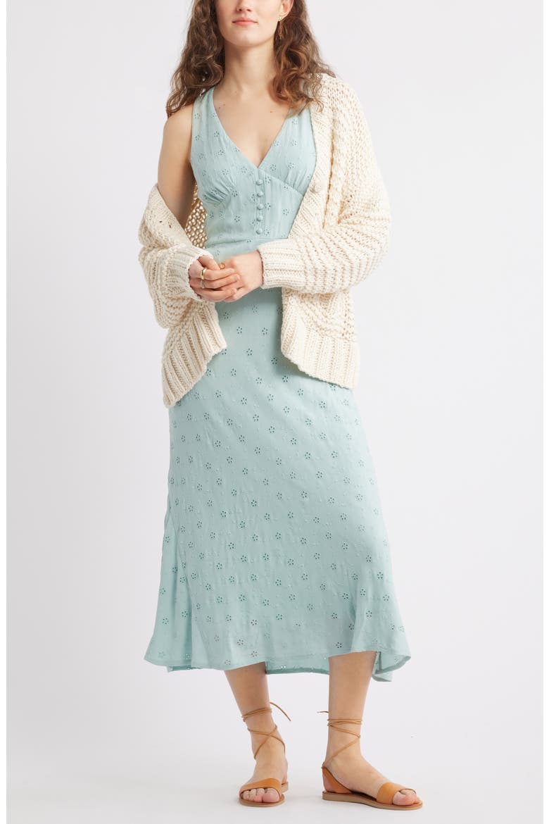 Eyelet Bias Cut Sleeveless Midi Dress, Alternate, color, TEAL TIDE
