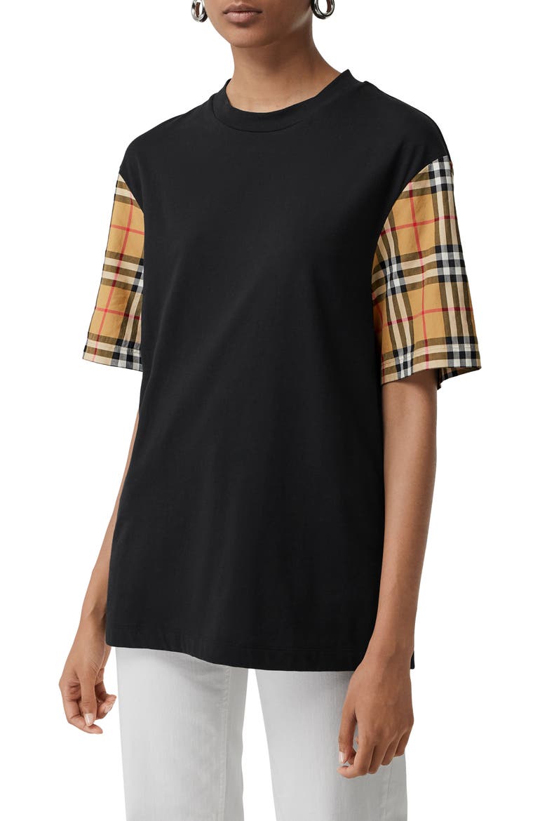 Serra Vintage Check Sleeve Tee, Main, color, BLACK