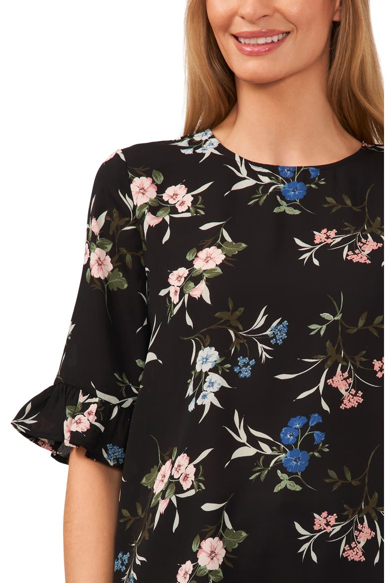 Floral Ruffle Cuff Blouse, Alternate, color, RICH BLACK