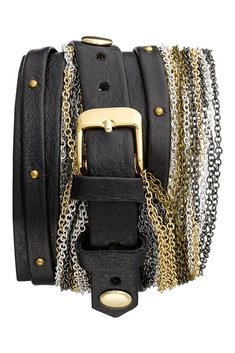'Venice' Leather & Chain Wrap Bracelet Watch, 30mm x 23mm, Alternate, color, BLACK/ GOLD