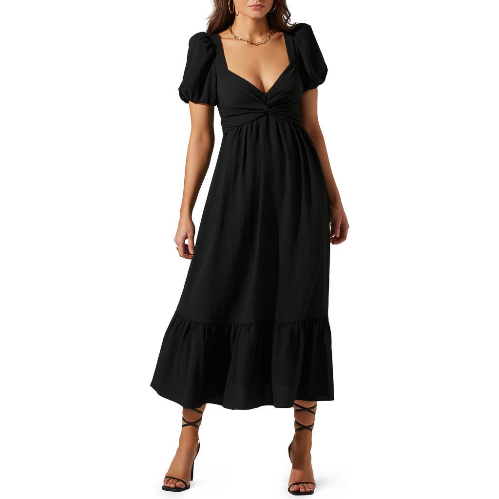 Astr Tie Back Puff Sleeve Midi Dress In Black