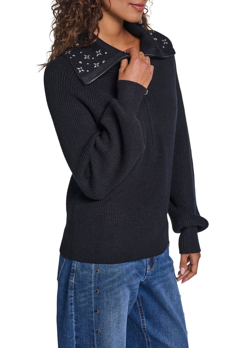 Crystal Collar Zip Up Sweater, Alternate, color, BLACK