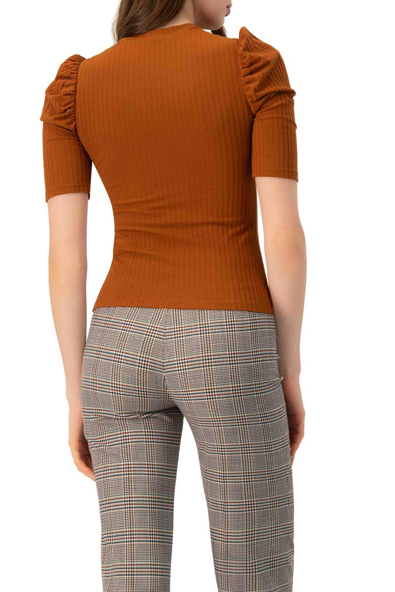 Puff Shoulder Ribbed-Knit T-shirt, Alternate, color, Brown