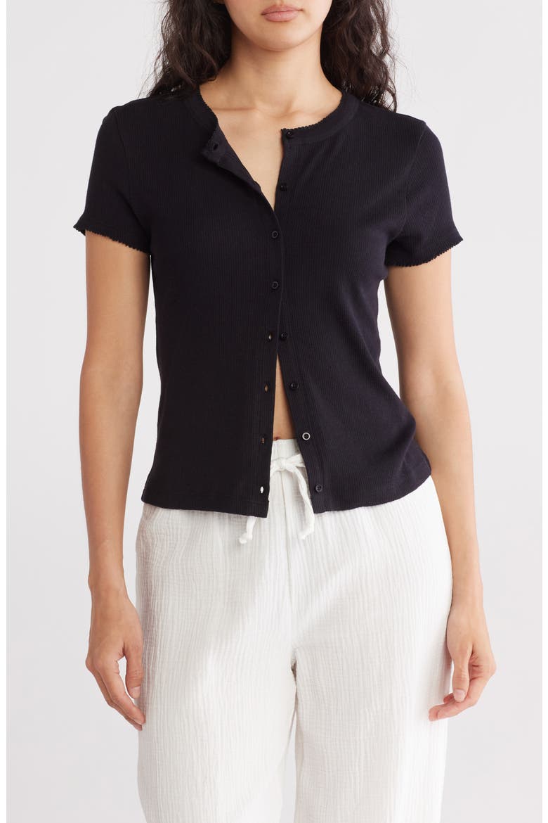 Pointelle Knit Button-Up Top, Main, color, BLACK