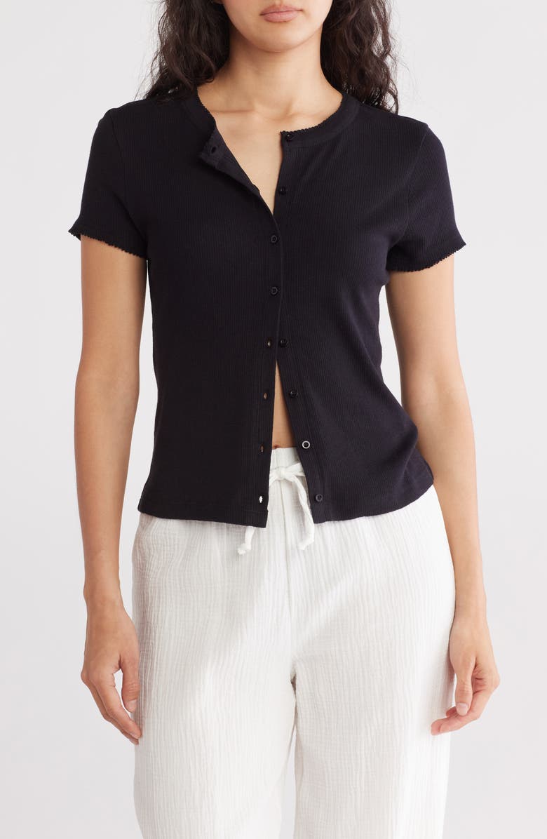 Melrose and Market Pointelle Knit Button-Up Top, Main, color, Black
