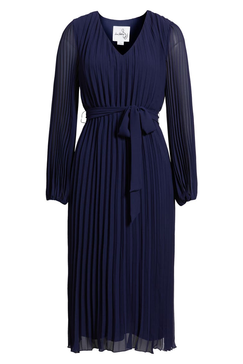 Pleated Long Sleeve Chiffon Midi Dress, Alternate, color, NAVY