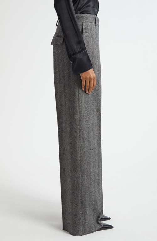 Ferragamo Herringbone Virgin Wool Blend Wide Leg Trousers In Gray