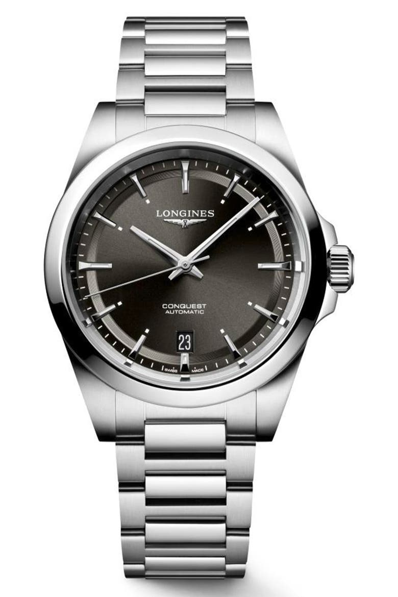 Conquest Black Dial Automatic Bracelet Watch, 38mm, Main, color, BLACK