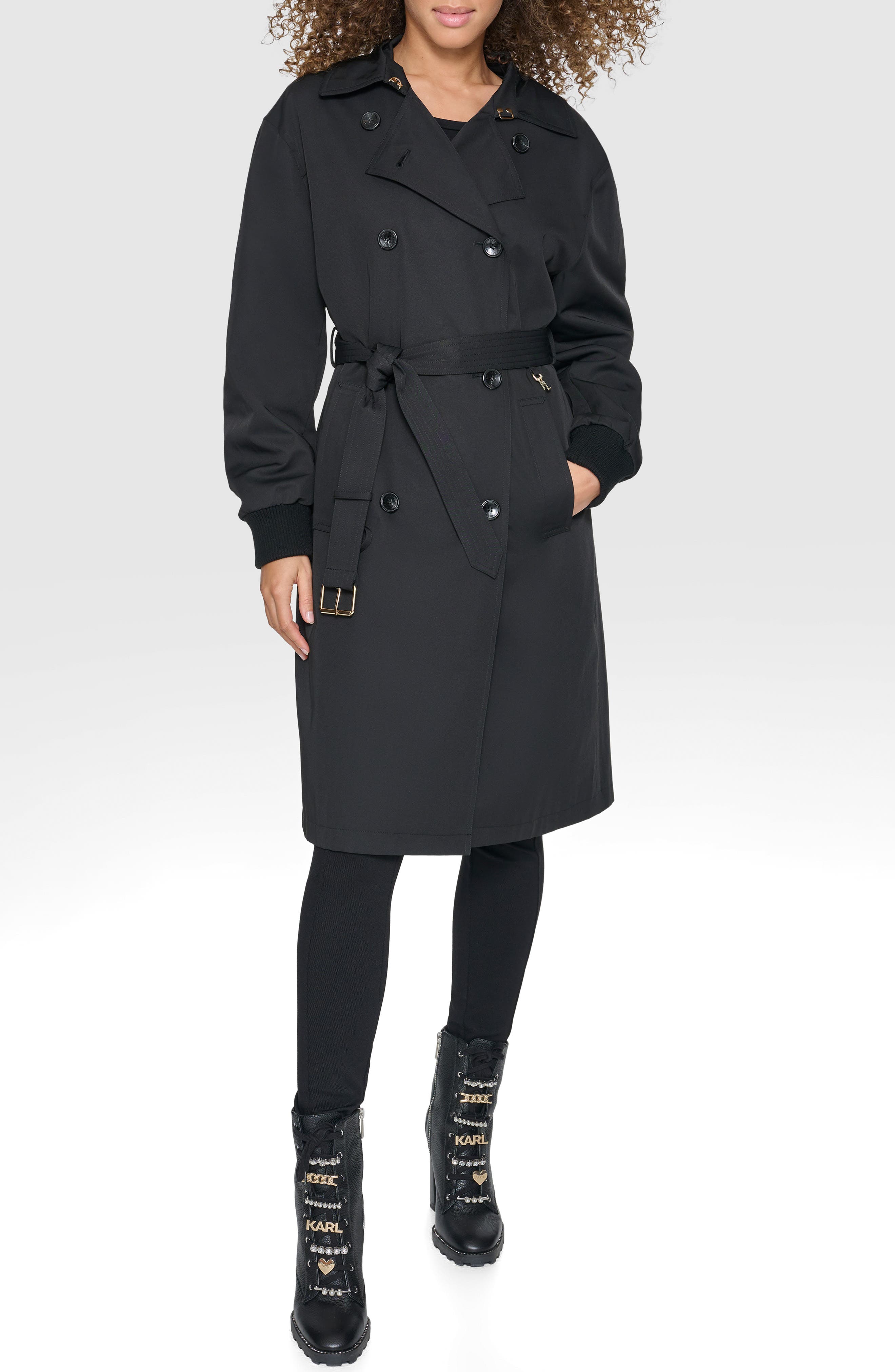 KARL LAGERFELD PARIS Double Breasted Gabardine Trench Coat