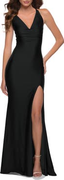 La Femme V Neck Jersey Fitted Prom Dress with Tie Up Back