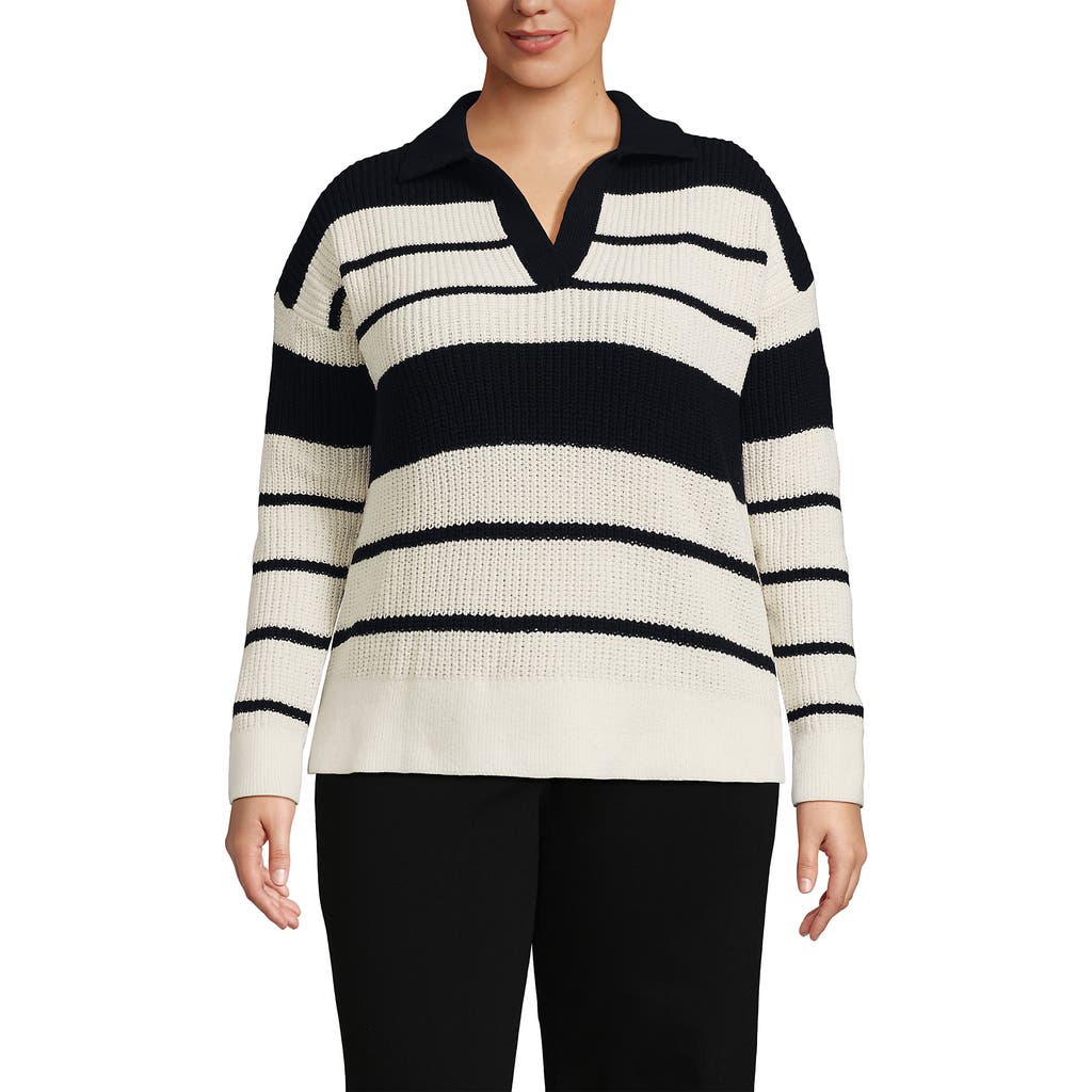 Lands' End Plus Size Cotton Boucle Johnny Collar Shaker Pullover In Ivory/black Stripe