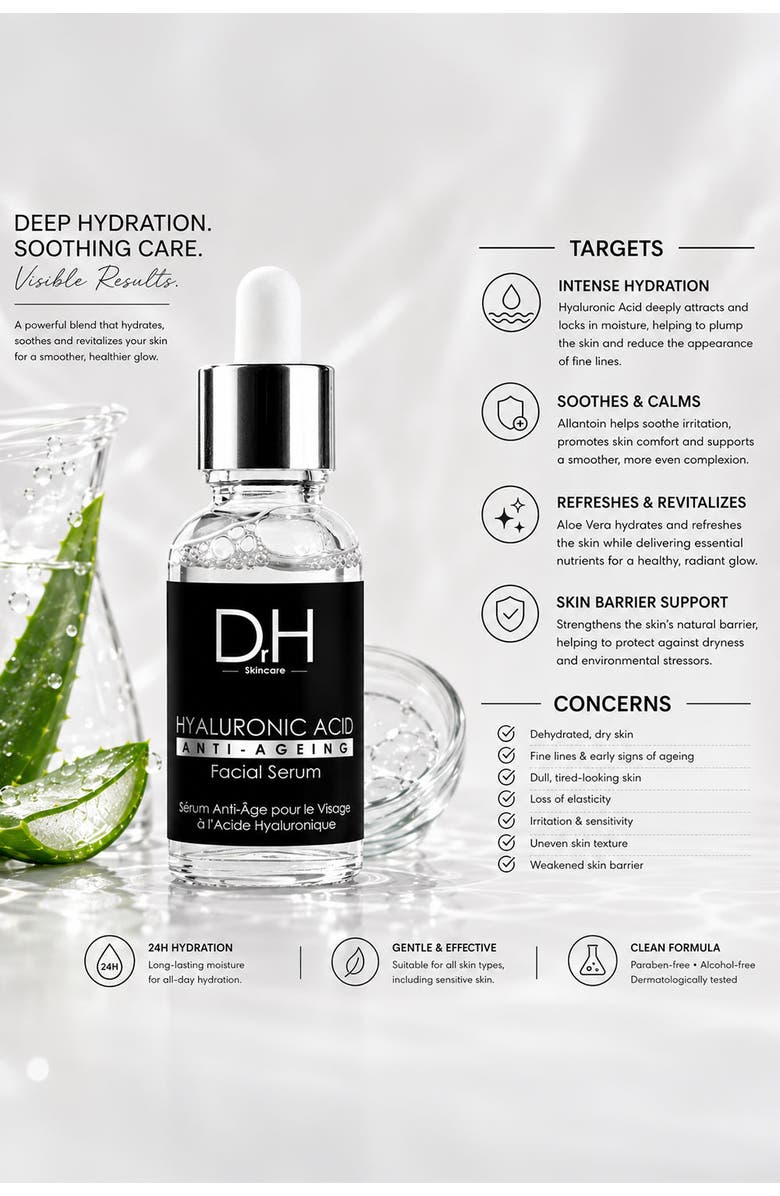 Dr H Anti-Ageing Hyaluronic Acid Facial Serum 30ml for Dryness, Fine Lines & Wrinkles, Main, color, White