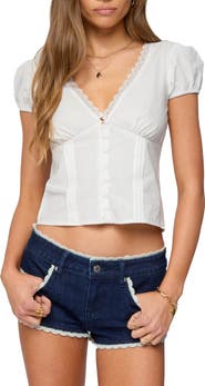 EDIKTED Antonella Cotton Puff Sleeve Button-Up Top