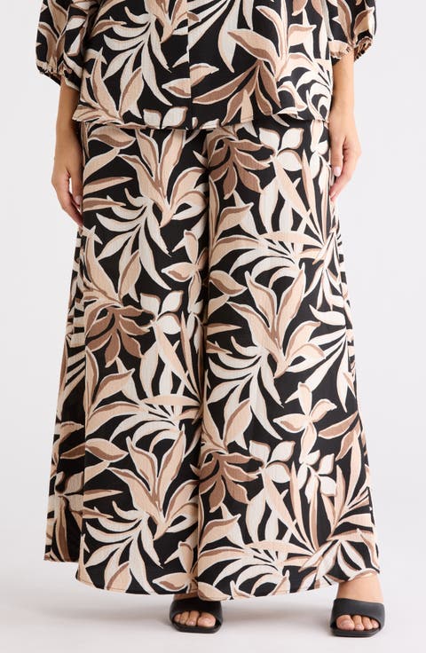 Leaf Print Wide Leg Pants (Plus)