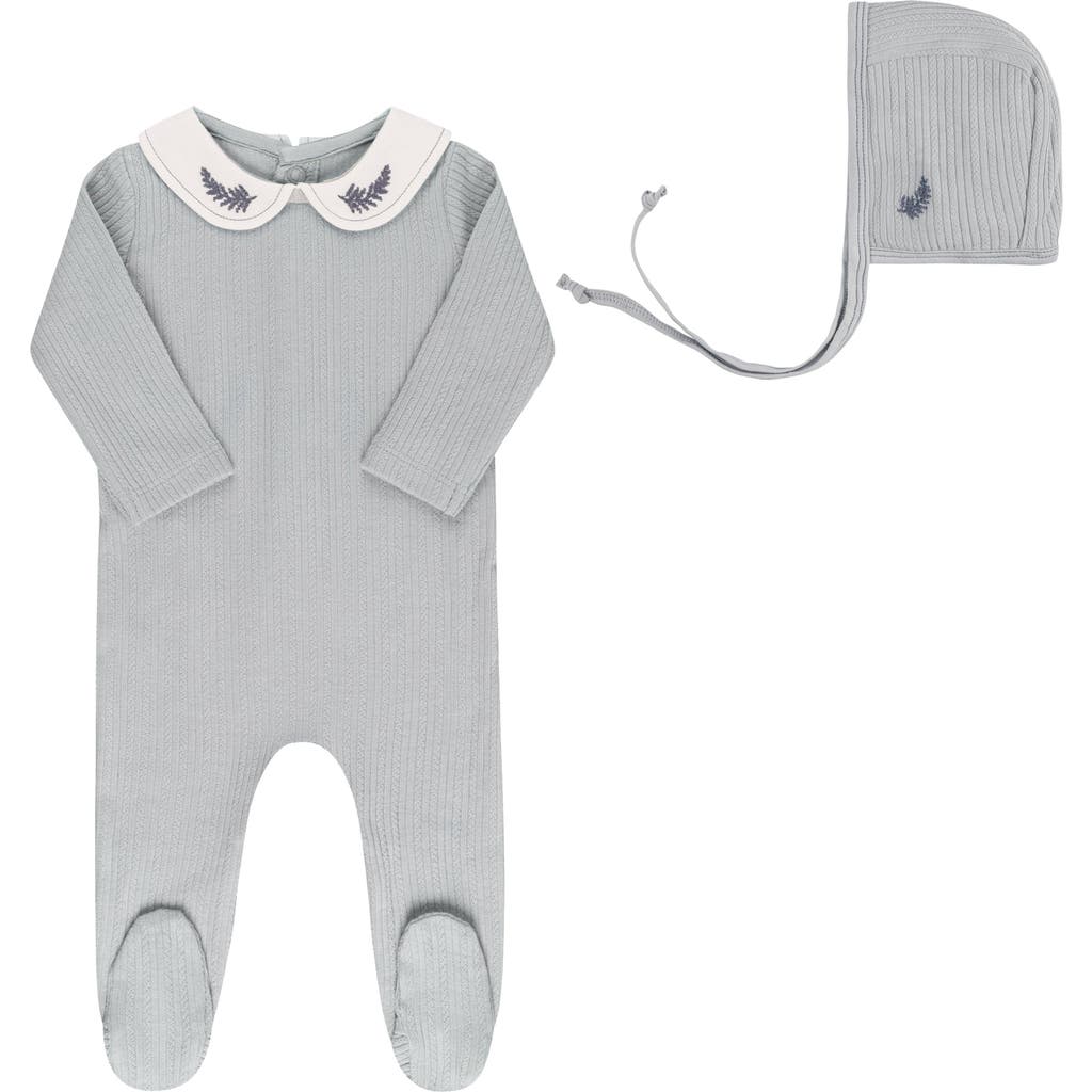 Ely's & Co. Organic Cotton Embroidered Collar Collection - Footie + Bonnet in Blue Leaf