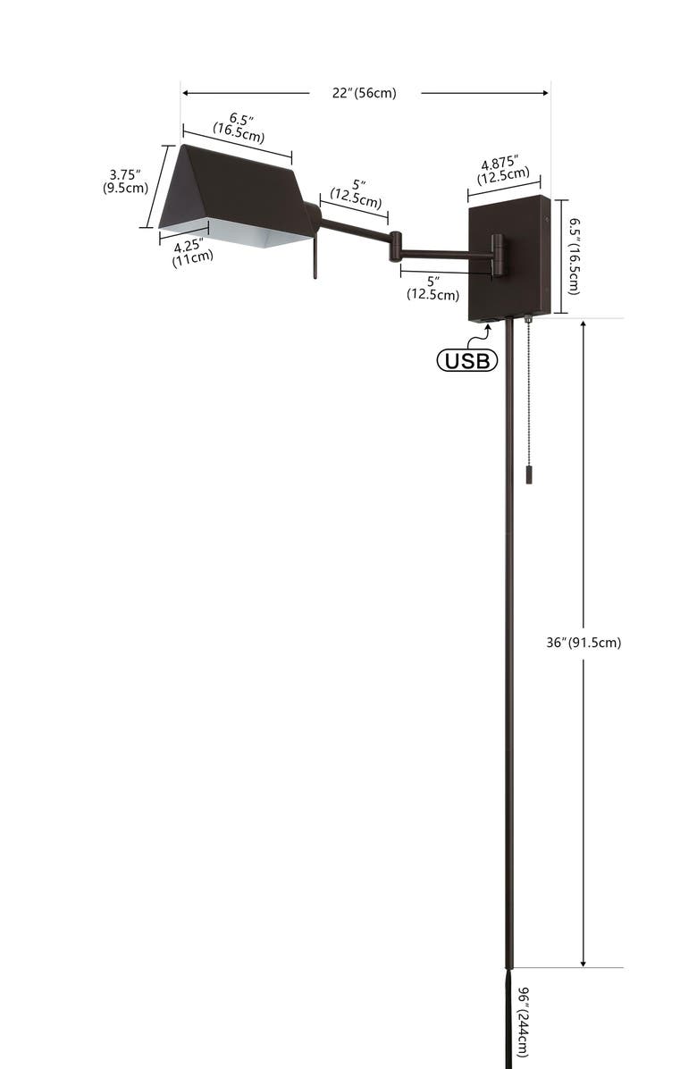 JONATHAN Y Arlo 1-Light Farmhouse Industrial Single Swing Arm Plug-In or Hardwired Iron LED Wall Sconce with Pull-Chain USB Charging Port, Alternate, color, 