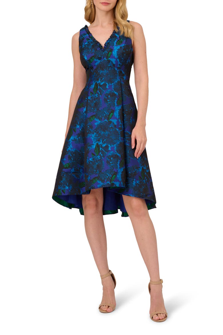 Floral Jacquard High-Low Fit & Flare Dress, Main, color, BLUE MULTI
