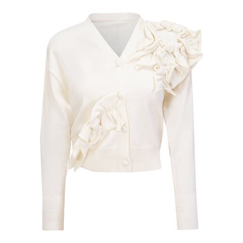 Cropped Floral Applique Button Front Knit Cardigan