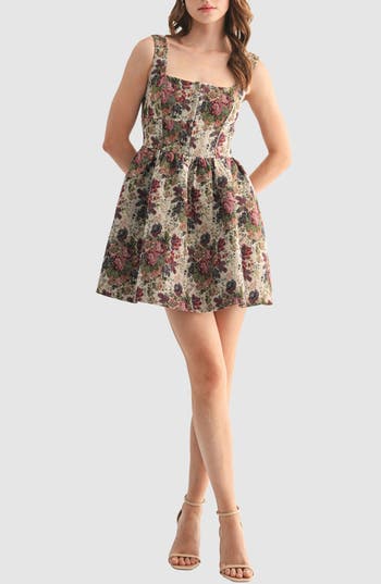 Lush Corset Tapestry Jacquard Fit & Flare Minidress In Gold