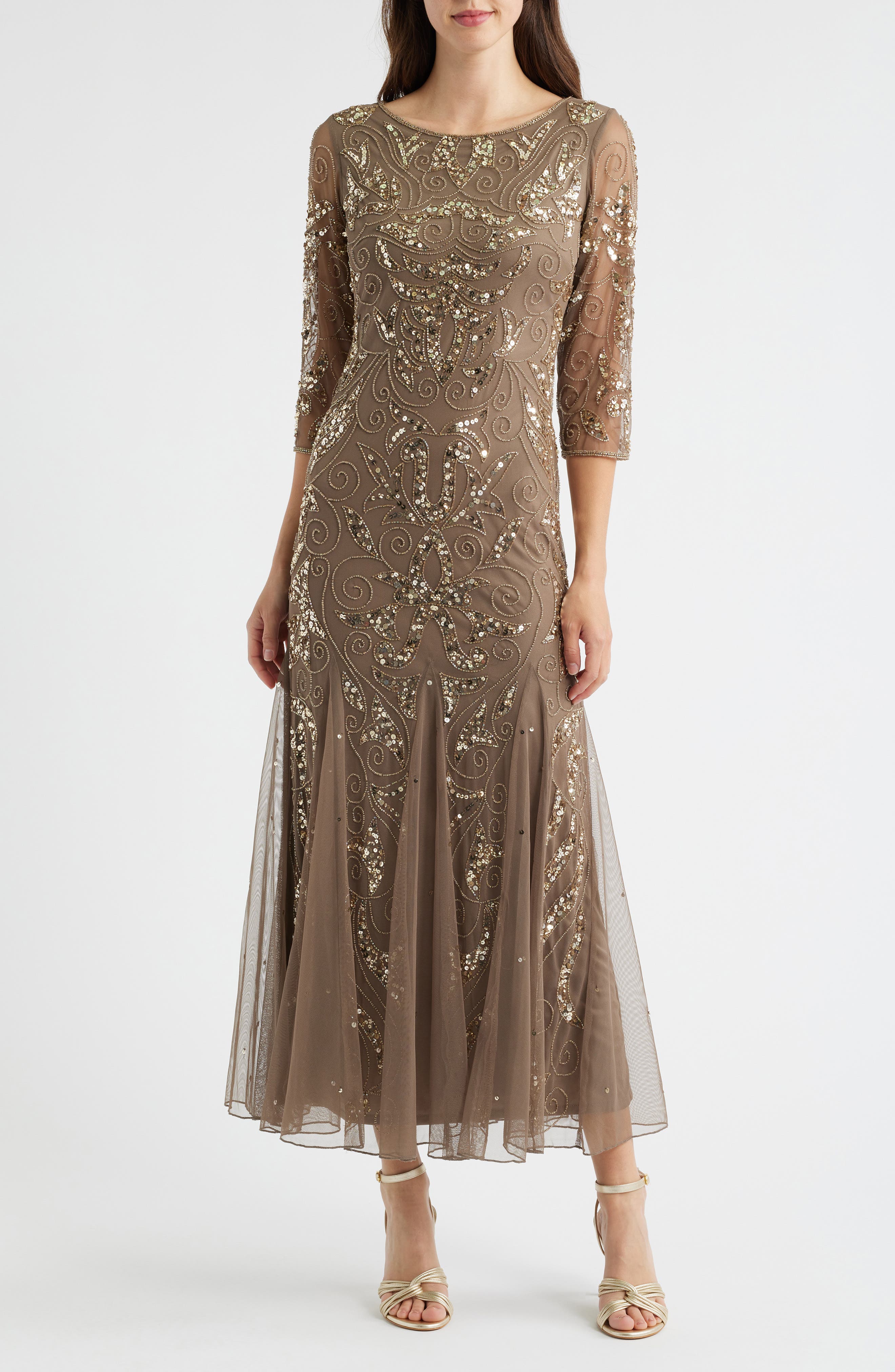 Pisarro Nights Illusion Sleeve Beaded A-Line Gown in Jbs Mocha 