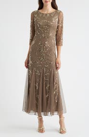 Pisarro Nights Illusion Sleeve Beaded A-Line Gown
