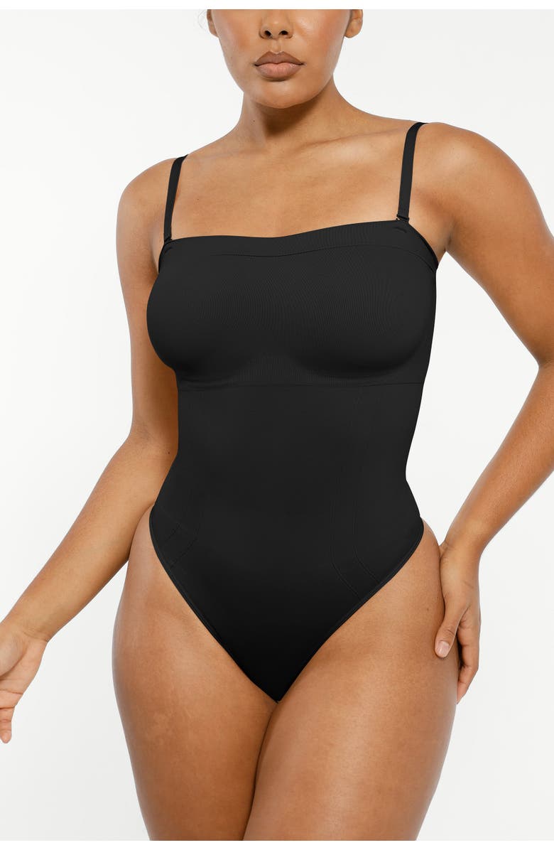 Shapellx Skin Flow Strapless Sculpt Thong Bodysuit, Main, color, Black