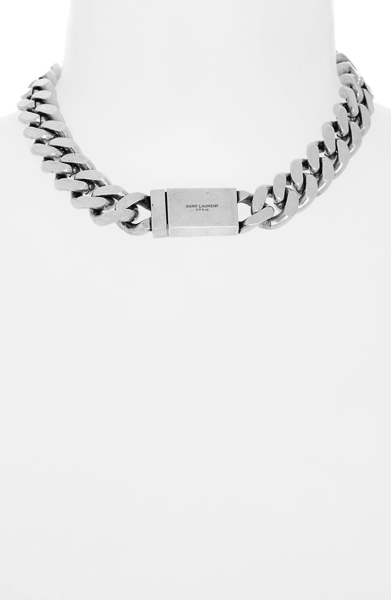Saint Laurent Gourmette Chain Collar Necklace, Alternate, color, Silver