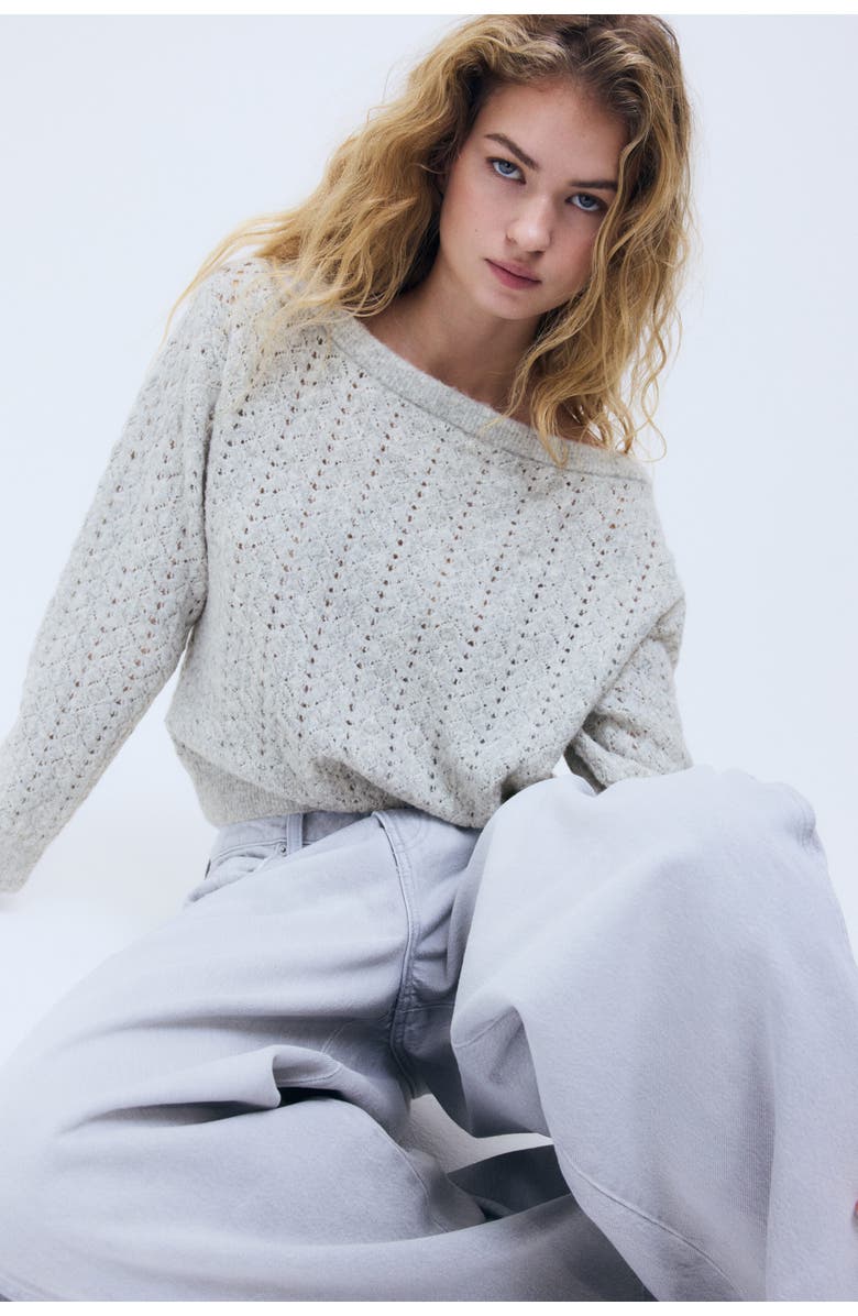 H&M Pointelle-knit off-the-shoulder sweater, Alternate, color, Light Gray