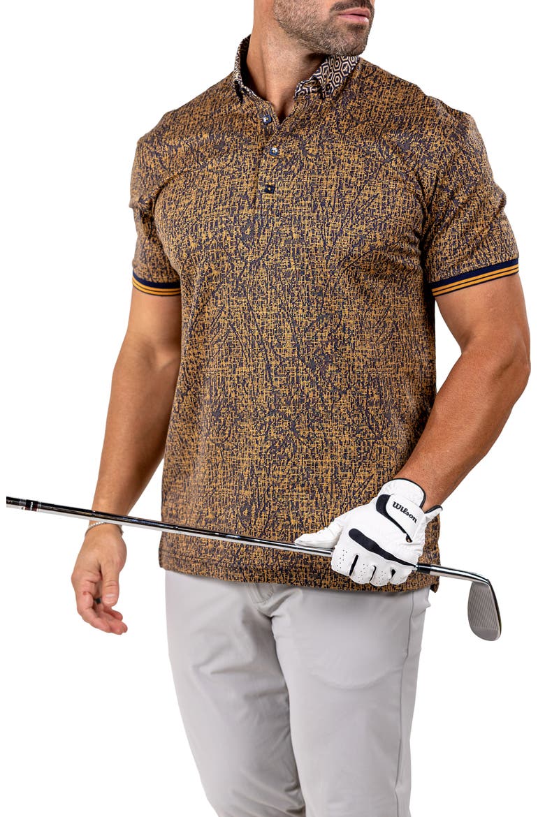 Marthyr Grid Print Contrast Collar Cotton Polo, Alternate, color, YELLOW