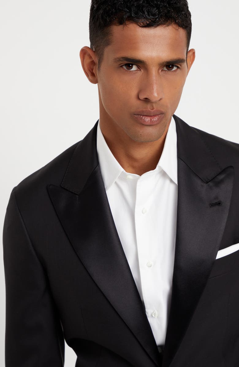 Brunello Cucinelli Lightweight virgin wool and silk twill tuxedo with peak lapel jacket and pleated trousers, Alternate, color, 