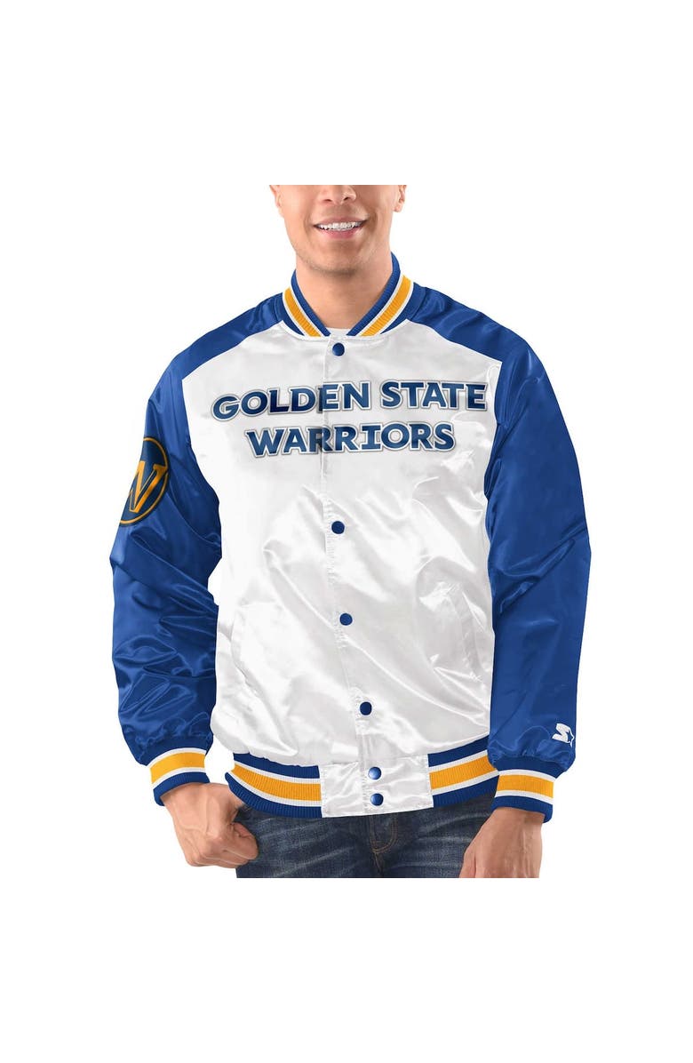STARTER Men's Starter White/Royal Golden State Warriors Renegade Satin Full-Snap Varsity Jacket, Alternate, color, White