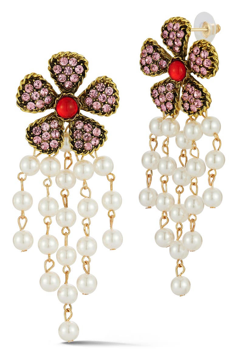 Crystal Flower Faux Pearl Drop Earrings, Main, color, GOLD