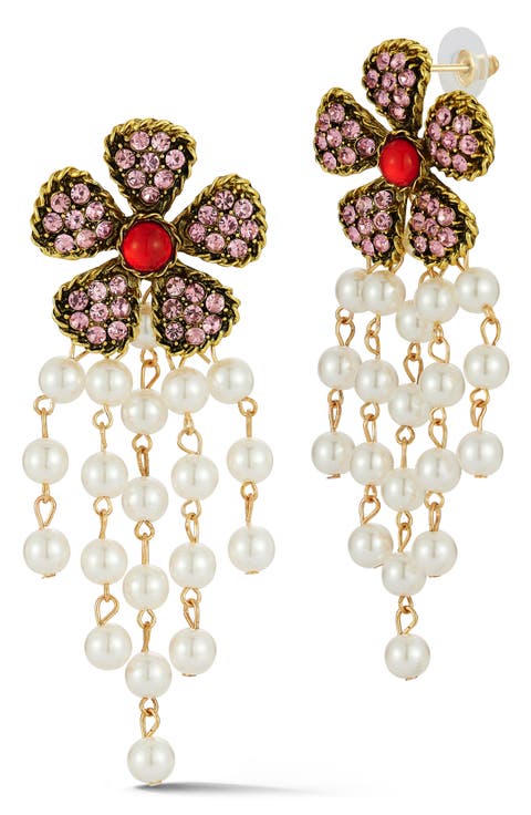 Crystal Flower Faux Pearl Drop Earrings